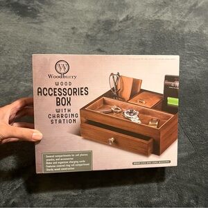 New Woodburry Brown Wood Accessories Box with Charging Station